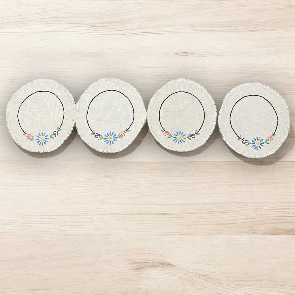 Lot Of 6 Cotton Embroidered Hand Made Square And Round Doilies Core Farmhouse